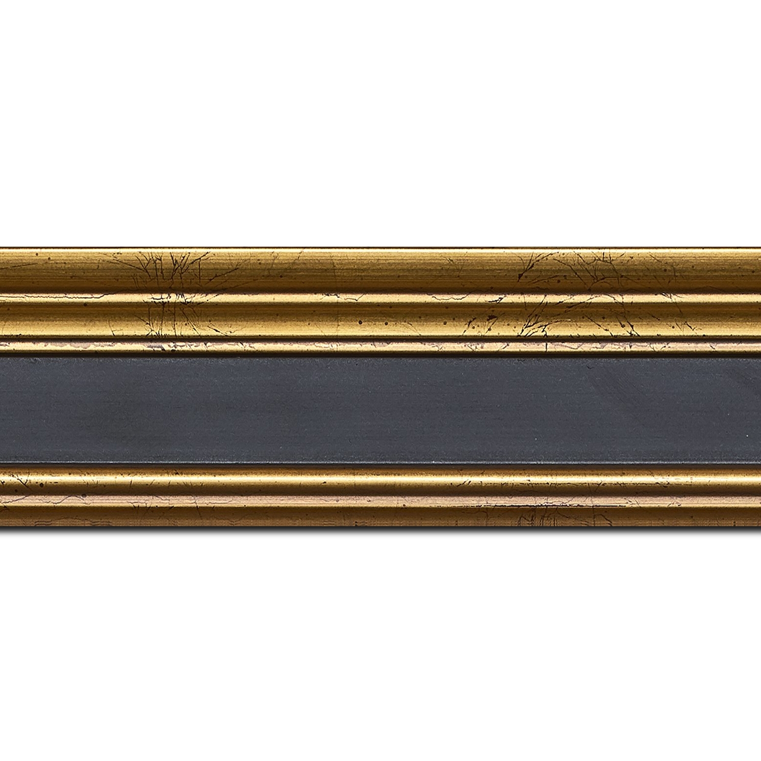 Baguette longueur 1.40m bois profil braque largeur 5.2cm or patiné gorge noire antique