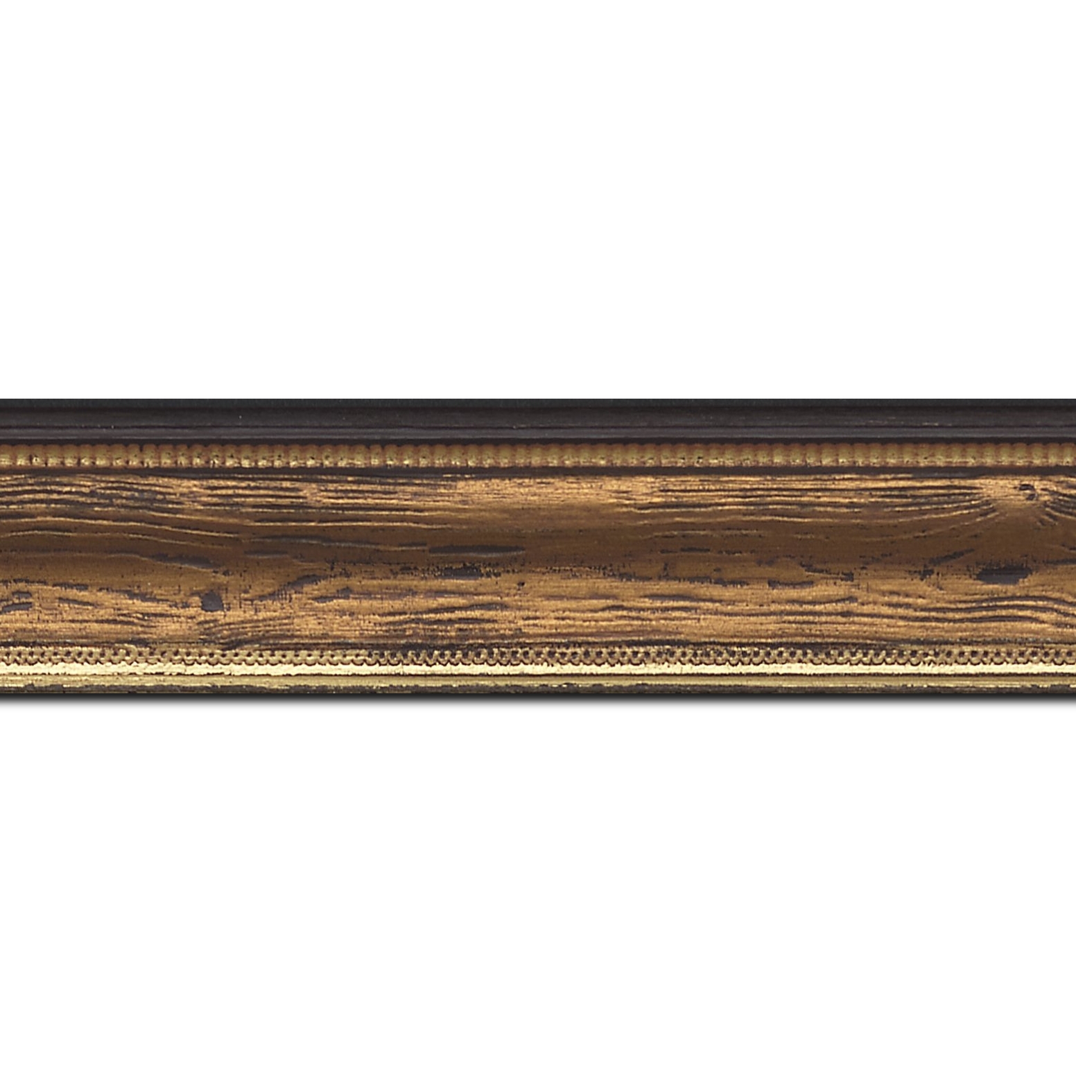 Pack par 12m, bois profil incurvé largeur 4.1cm couleur marron cuivré  aspect veiné liseret or (longueur baguette pouvant varier entre 2.40m et 3m selon arrivage des bois)